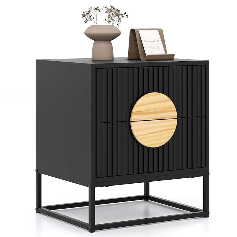 Modern Wooden Fluted Nightstand with 2 Storage Drawers and Metal Base for Bedroom