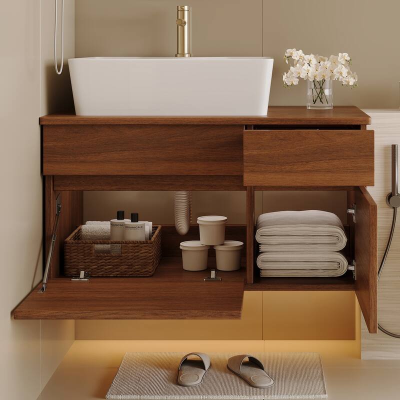 Floating Single Small Bathroom Vanity with Integrated Vessel Ceramic Sink and Multi-layer Storage Solid Wood Cabinet