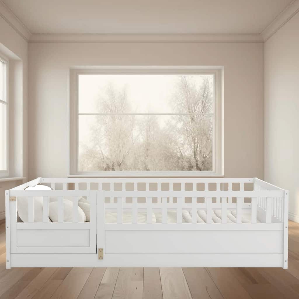 Full Size Montessori Floor Bed Frame with High Security Barrier and Door, Safe and Functional Bed for Kids Bedroom Furniture