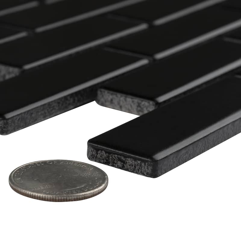 Merola Tile Metro Brick Subway Matte Black 11-1/2" x 11-3/4" Porcelain Mosaic Floor and Wall Tile