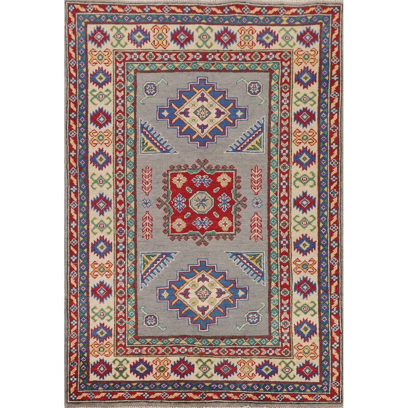 Gray Geometric Kazak Accent Rug Hand-Knotted Wool Carpet - 3'4" x 4'11"