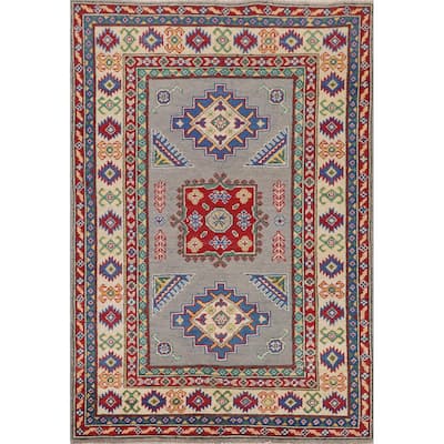 Gray Geometric Kazak Accent Rug Hand-Knotted Wool Carpet - 3'4" x 4'11"