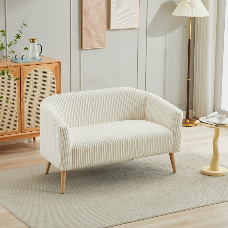 50.78" Modern Loveseat Couch Sofa, Corduroy Fabric Upholstered 2-Seat Sofa, Loveseat with Wooden Nature Legs