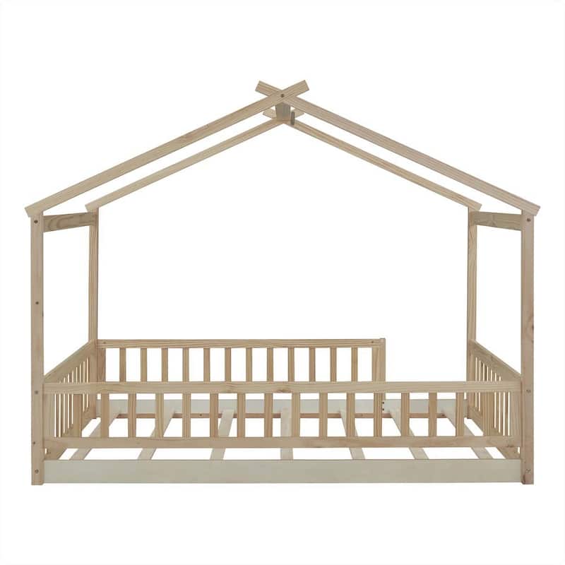 Full Size Wood Bed House Bed Frame with Fence
