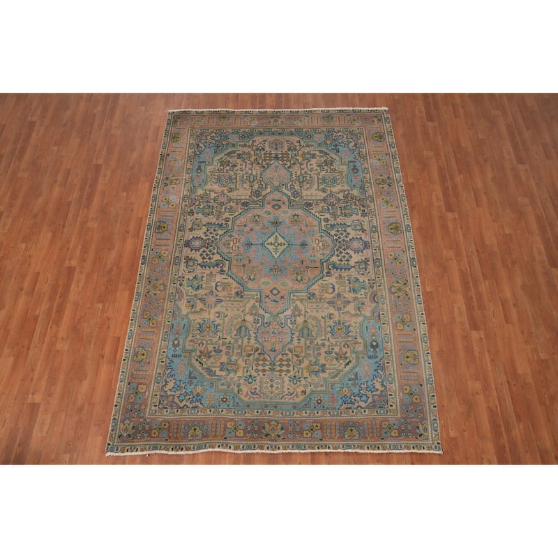 Hand Knotted Oriental 100% Wool Carpet Traditional Medallion Peach Tabriz Area Rug - 9' 6'' X 6' 7''