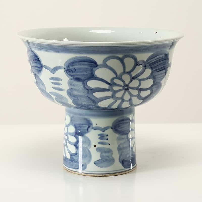 Hand Painted Blue and White Pedestal Bowl-16" W x13"H