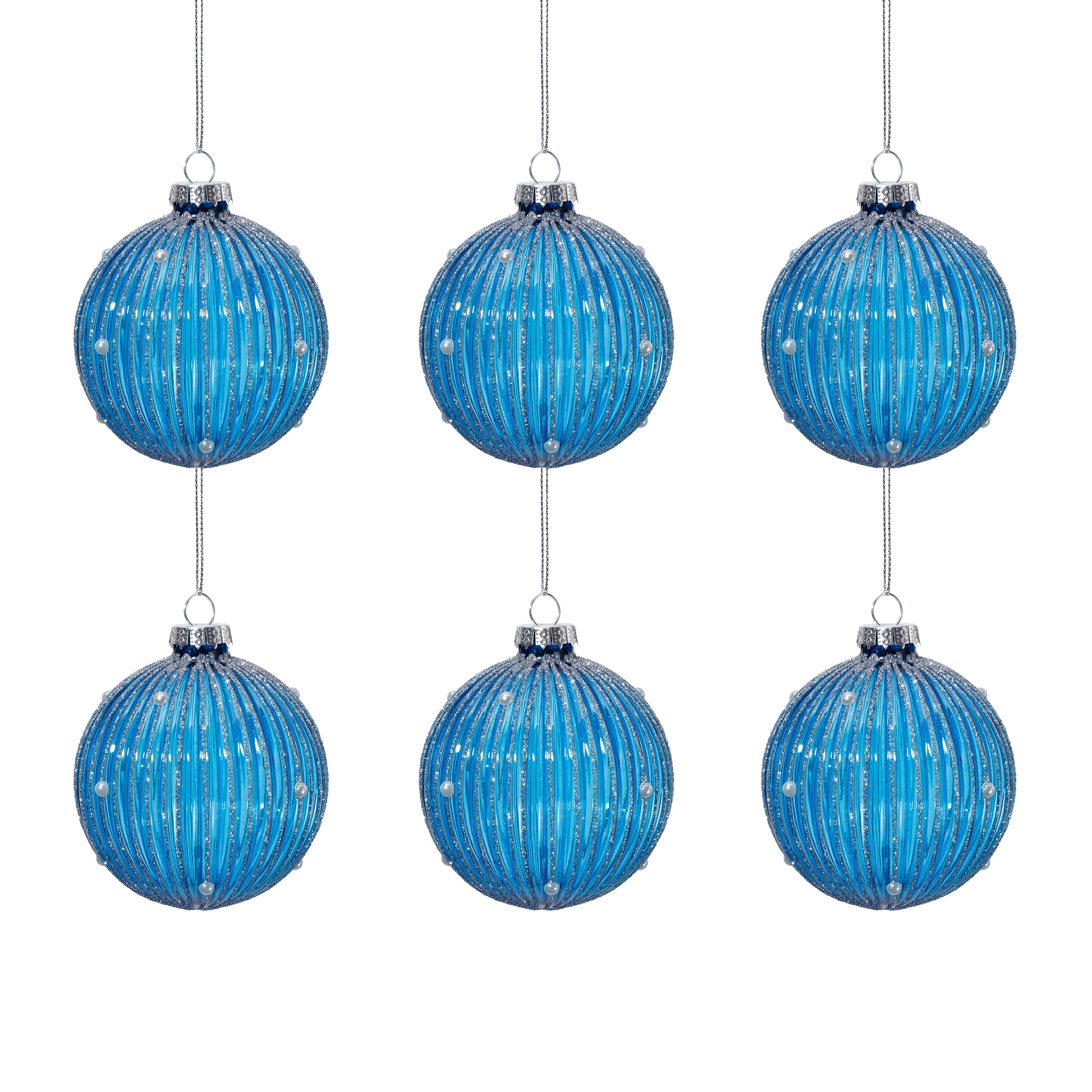 Christmas Winter Jewel Ribbed Glass Ball Tree Ornaments, Set of 6