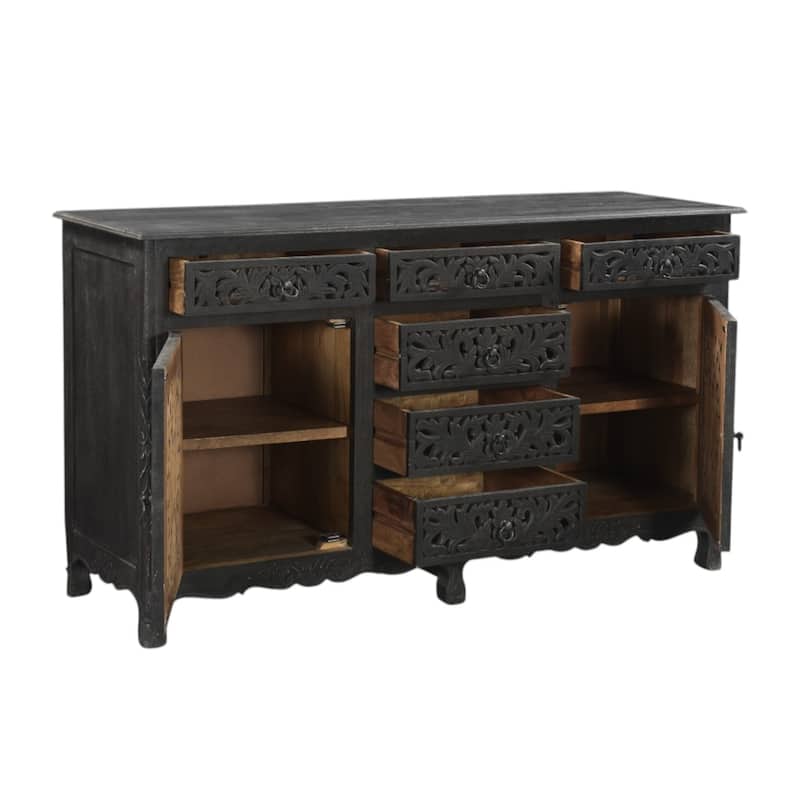 HomeRoots 66" Black Distressed Solid Wood Carved Floral Six Drawer Sideboard With Two Doors - 66.00 in. x 36.00 in. x 20.00 in.