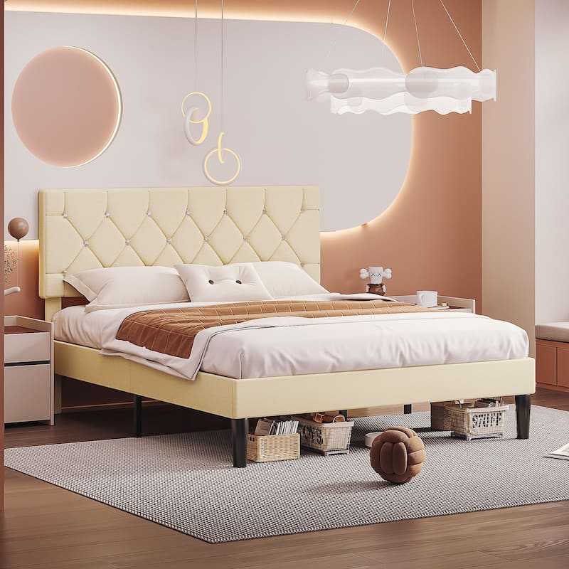 Javlergo Upholstered Beds With Diamond Tufted Headboard, Platform Bed Frame,