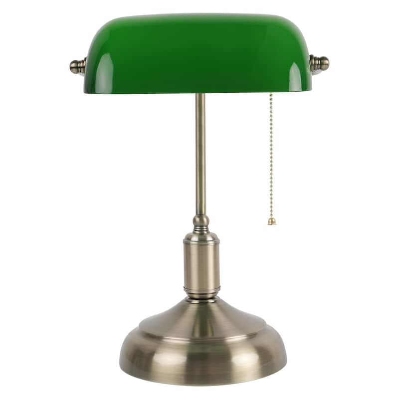 Antique Green Glass Bankers Desk Lamp Table Light w/ Pull Chain Switch - 9x7x15"