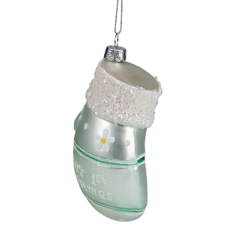 4" Baby's 1st Christmas Mint Green Glass Mitten Holiday Ornament