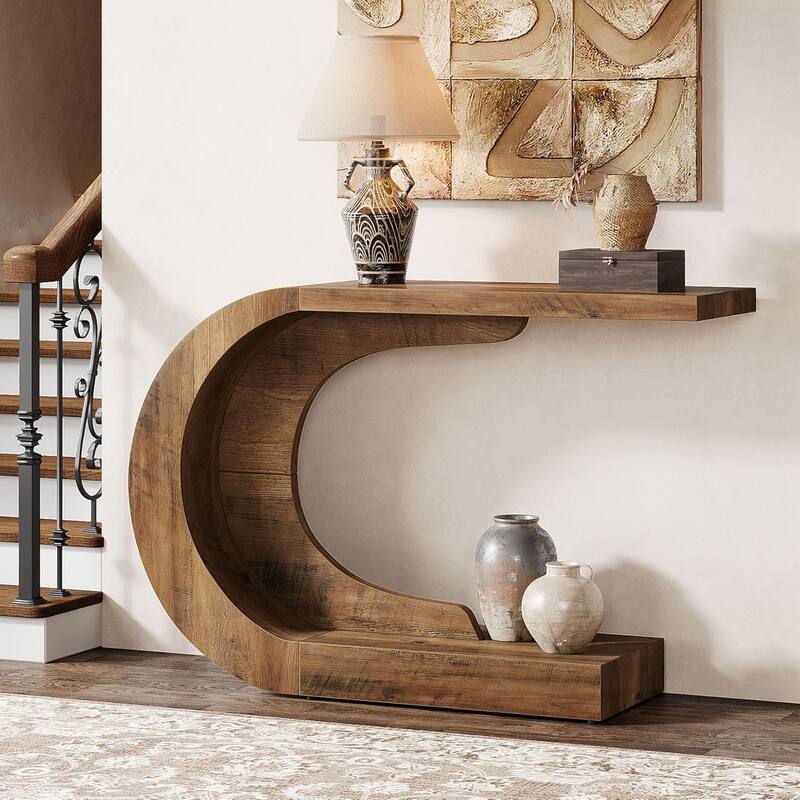 43.3 Inches Brown Wood C-Shaped Console Table, Mid-Century Modern Entryway Table for Living Room