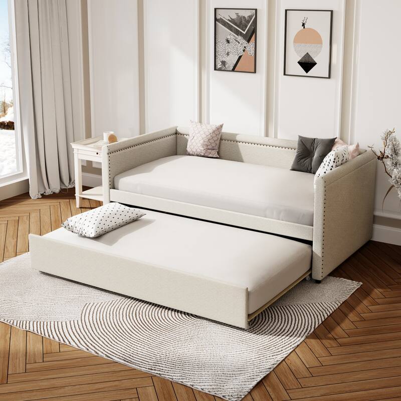 Upholstered Daybed, Twin Size Sofa Bed, Nailhead Trim Curved Arms Guest Bed with Trundle Bed, Platform Bed, Low Profile Bed - Beige - Twin