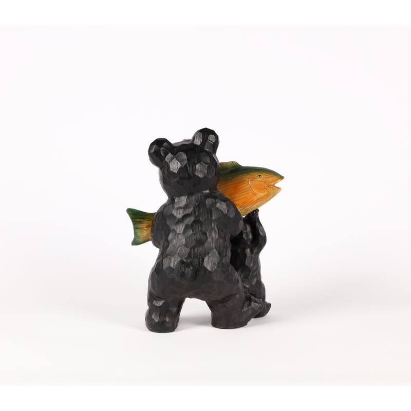 11.25" Black Bear and Cub Holding Fish "Welcome" Sign Statue