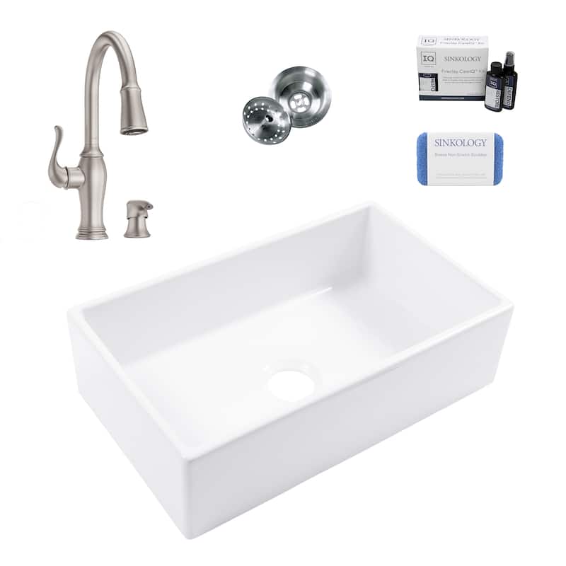 Turner Crisp White Fireclay 30" Farmhouse Apron Front Undermount Single Bowl Kitchen Sink with Maren Stainless Faucet Kit