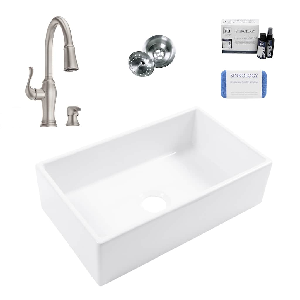 Turner Crisp White Fireclay 30" Farmhouse Apron Front Undermount Single Bowl Kitchen Sink with Maren Stainless Faucet Kit