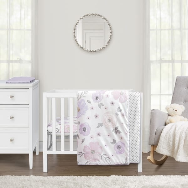 slide 2 of 6, Sweet Jojo Designs Lavender Purple Boho Floral Girl 3p Mini Crib Bedding Set Pink Grey Bohemian Farmhouse Shabby Chic Watercolor