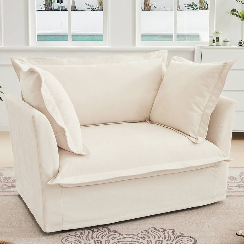 Slip-covered Armchair with Cushions and Pillows, Chenille Fabric, Cream