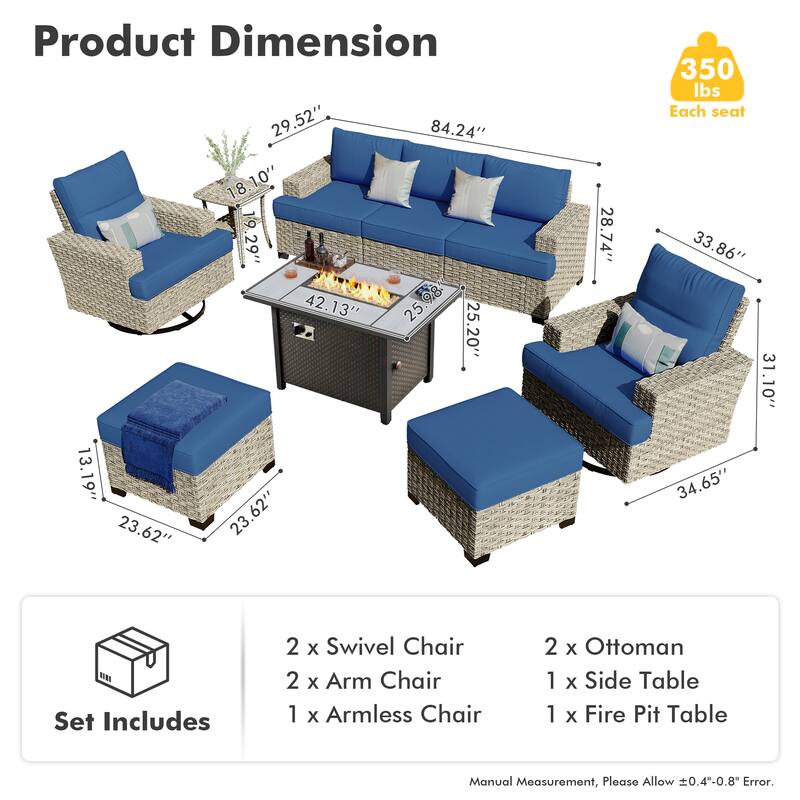 HOOOWOOO 9-piece Wicker Patio Furniture Swivel Rocking Chair Set with Fire Pit