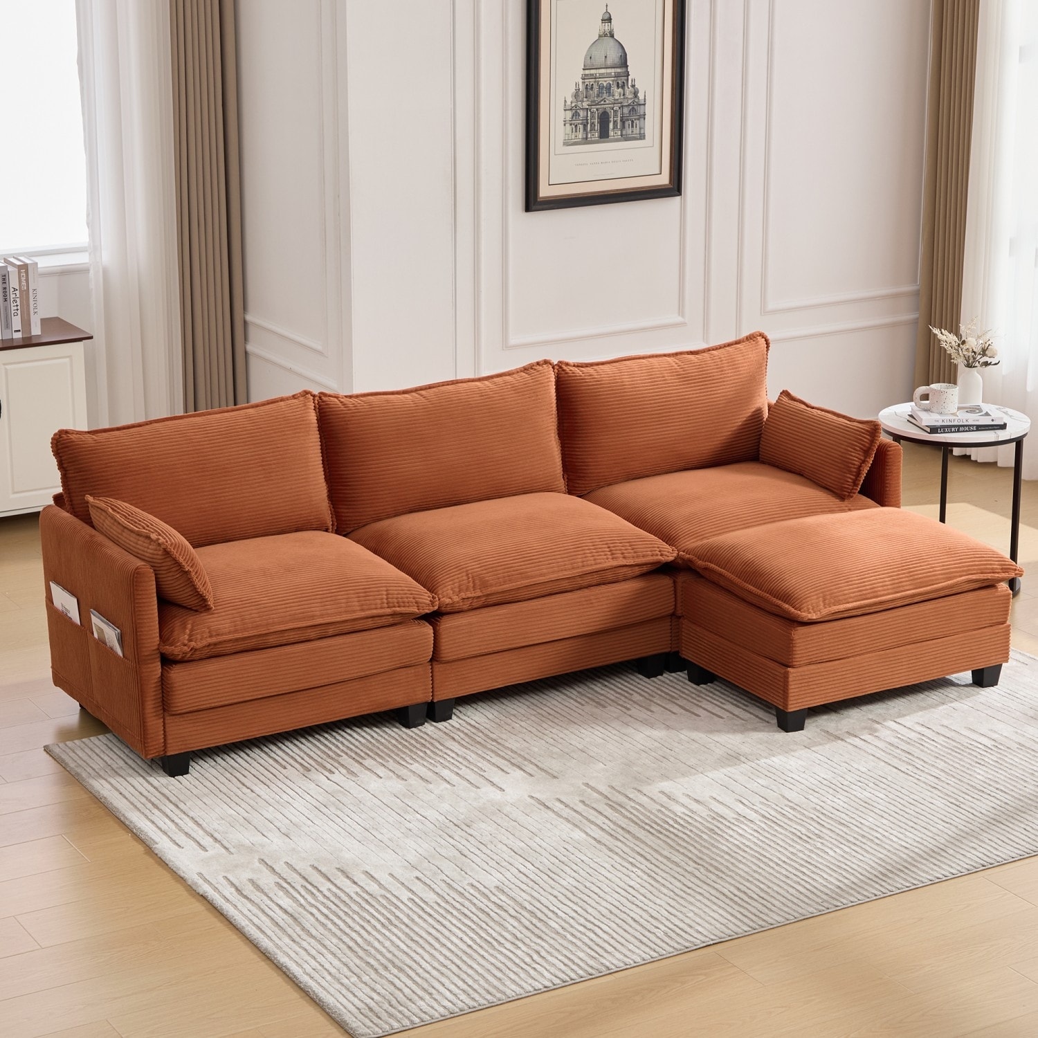 102.95" L-Shaped Corduroy Sectional Sofa with Movable Ottoman