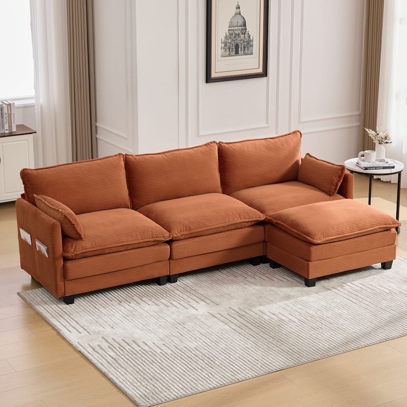102.95" L-Shaped Corduroy Sectional Sofa with Movable Ottoman - Orange