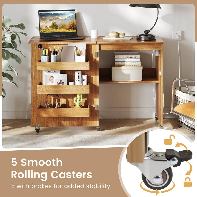 Costway Folding Sewing Table Rolling Craft Station with 3 Storage Bins - See Details