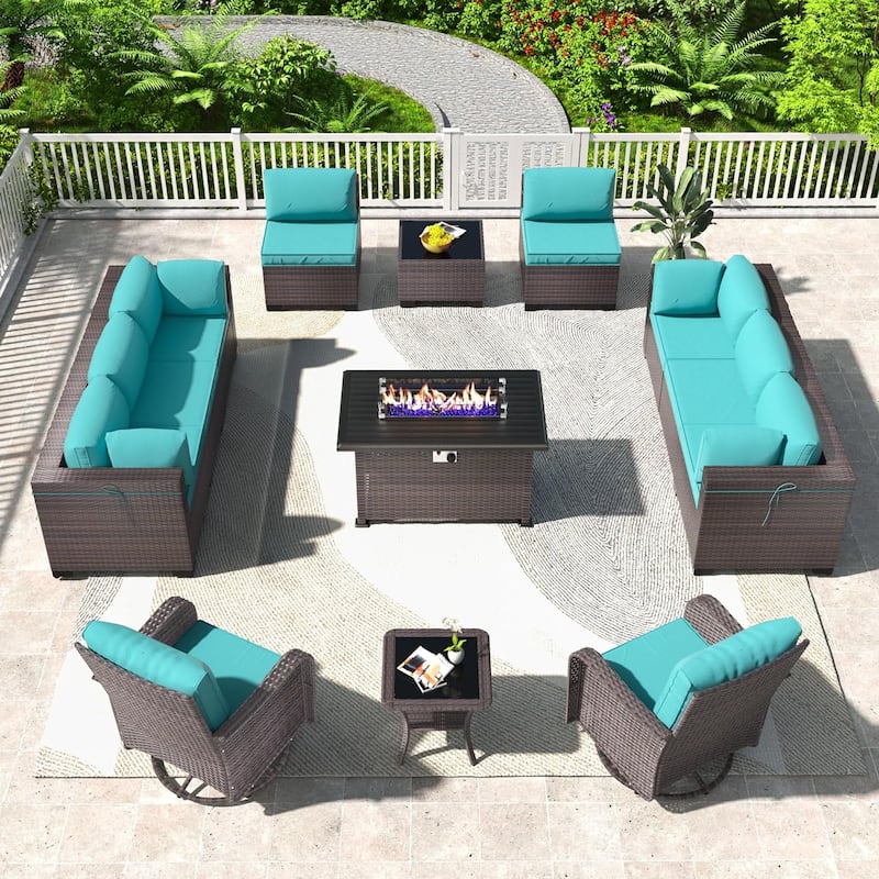 Patio Furniture Sectional Sofa Set, PE Rattan Swivel Rocking Chairs Patio Conversation Set - 13Pcs w/Swivel&Firepit - Turquoise