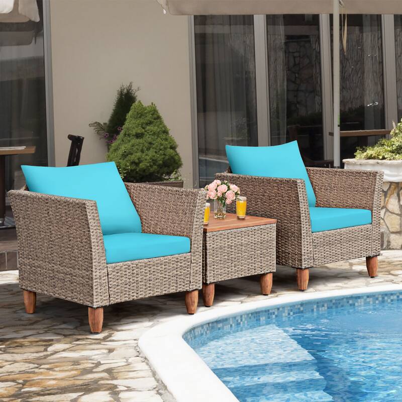 Costway 3PCS Patio Wicker Rattan Sofa Set Furniture Acacia Wood