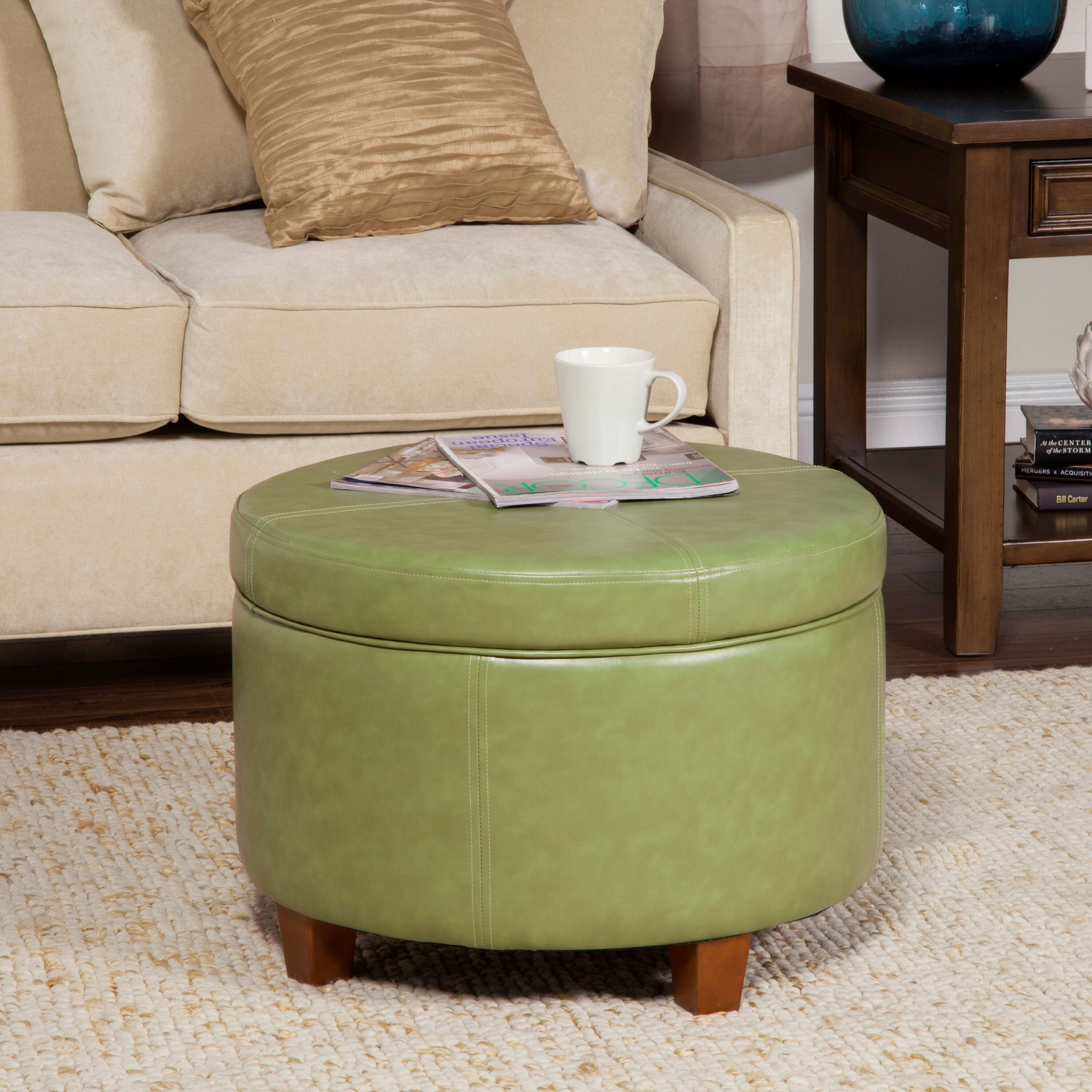 Porch and Den Rockwell Green Faux Leather Large Round Storage Ottoman