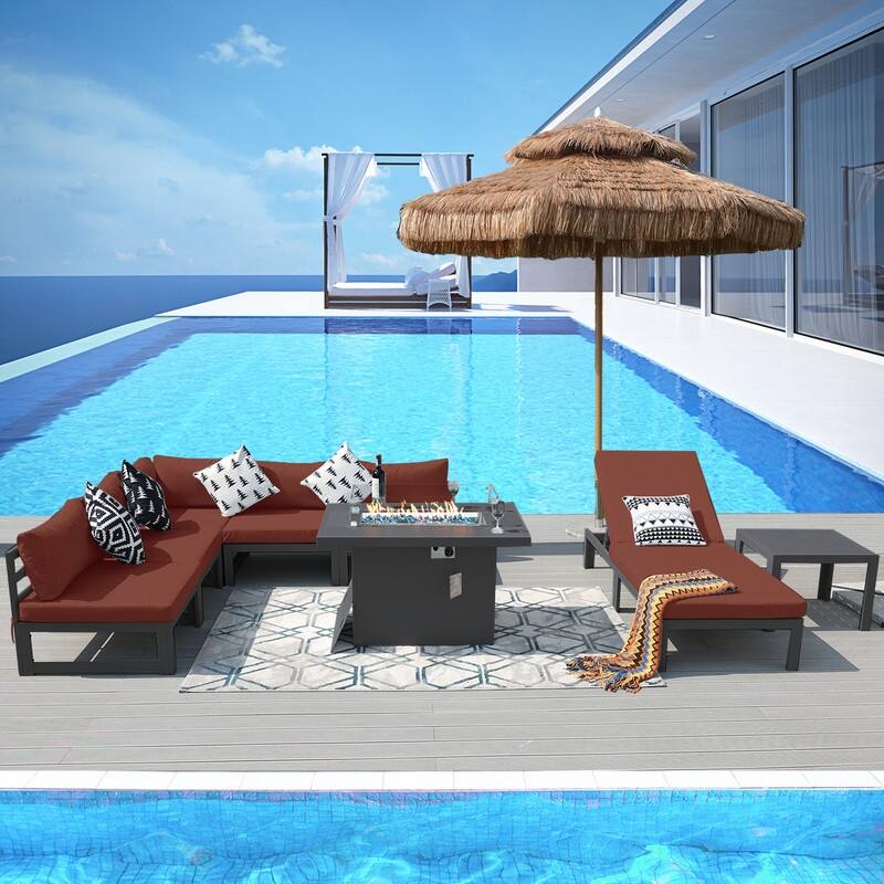 FINCATI Aluminum Outdoor Patio Furniture Conversation Sectional Sofa Set - 8 Pieces - Burgundy