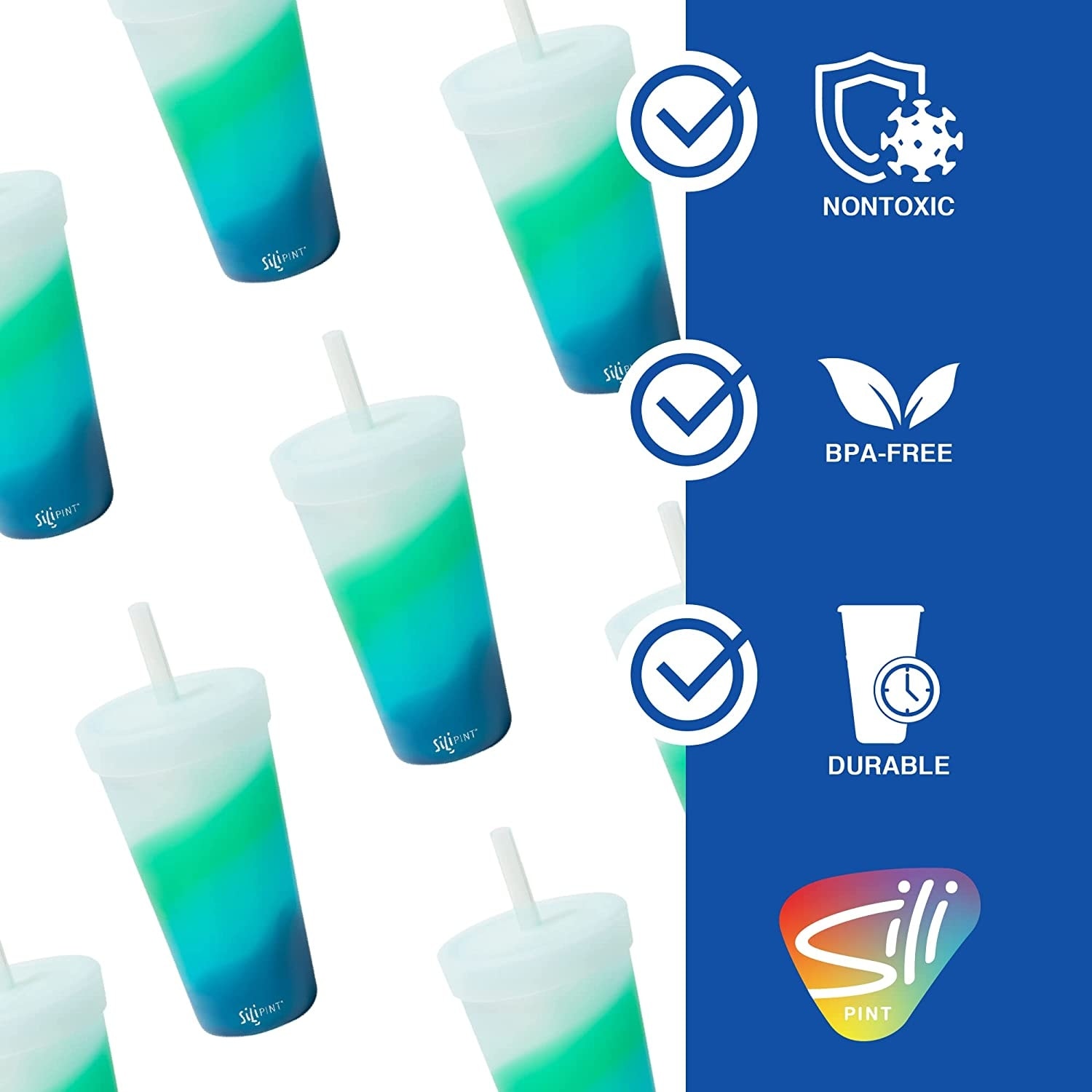 Silipint: Silicone 32oz Straw Tumblers: 2 Pack -Aqua & Sugar Rush -  Unbreakable Cup, Flexible, Hot/Cold, Airtight Lid