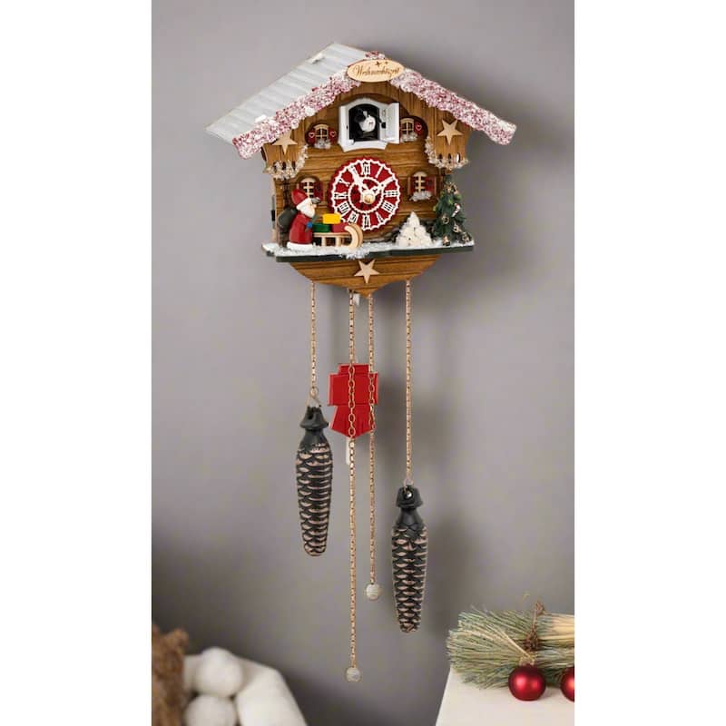 Snow Covered Christmas Cuckoo Wall Clock - 16" - Brown and Red