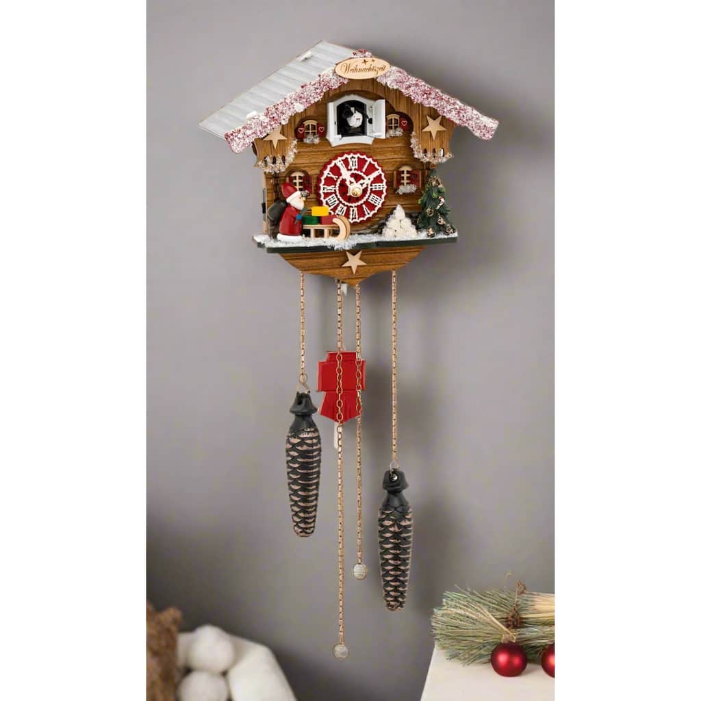 Snow Covered Christmas Cuckoo Wall Clock - 16" - Brown and Red