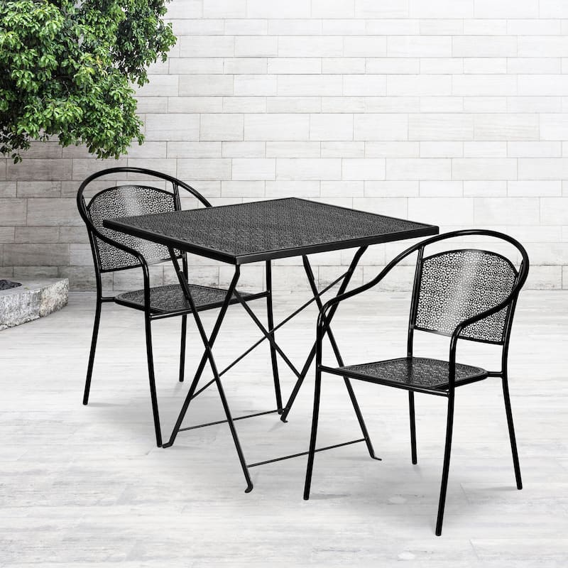 28'' Square Indoor-Outdoor Folding Patio Table Set with 2 Round Back Chairs - Black
