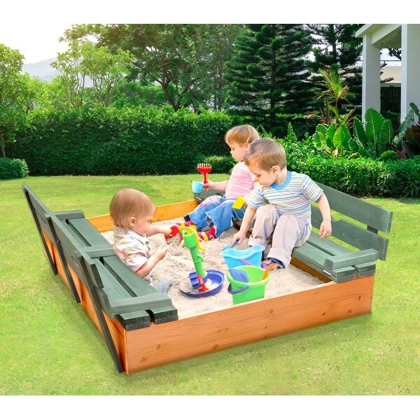 Badger Basket Covered Convertible Cedar Sandbox with 2 Bench Seats