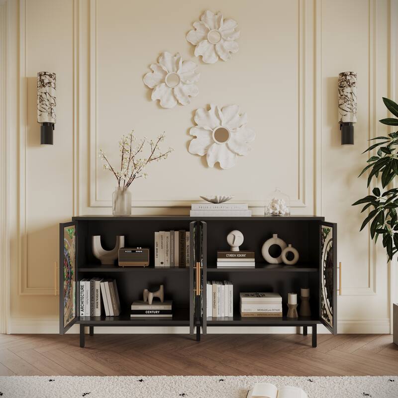 4-Door Accent Cabinet, Painted Glass Buffet Cabinet with Metal Frame