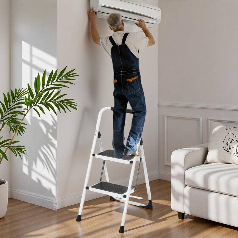 Anmytek 2 Step Folding Ladder Stool Anti Slip Wide Pedal Handrails 330 LBS White Home Use