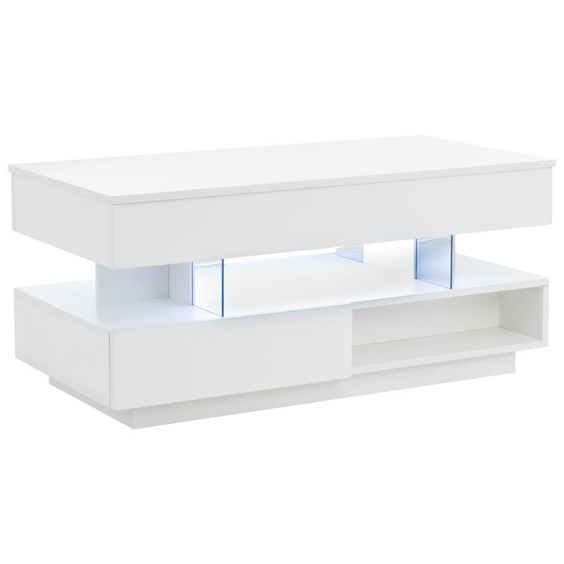 Modern Multifunction Center Table Lift Top Coffee Table with Hidden Compartment, Ajustable LED Lights and 2 Storage Drawers