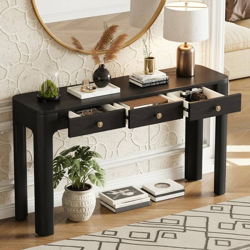 Rustic Console Table with 3 Hidden Drawers and Curved Safety Corners by Harper&Bright Designs - Black