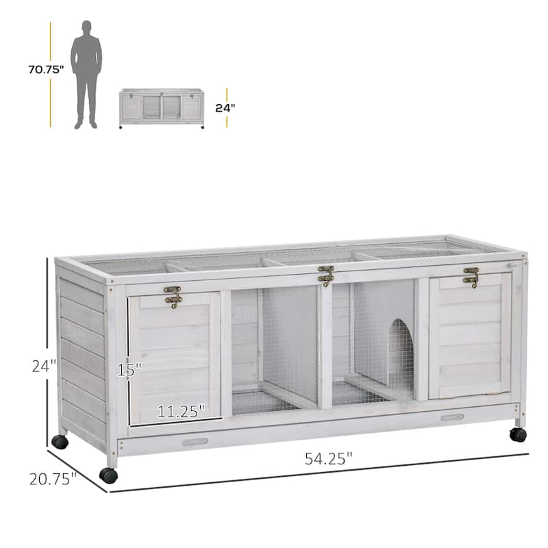 Light Grey Fir Wood Small Pet Hutch with Steel Wire and Slide-Out Tray - 54.3" L x 20.9" W x 24" H