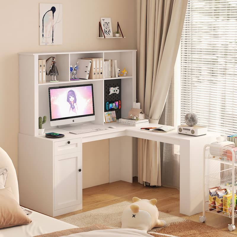 L Shaped Desk with outlet, Computer Desk with Drawers, Bookshelf, Home Office Desk, Gaming Computer Desk with Storage - White