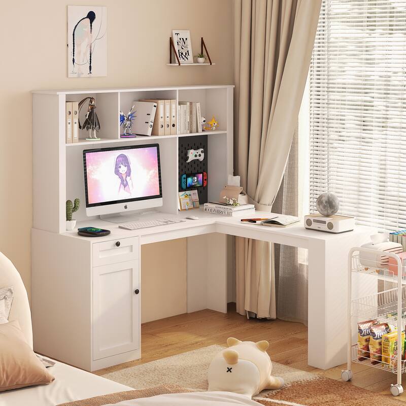 Roomfitters Modern L Shaped Computer Desk with Outlets & Hutch, Corner Workstation with Drawers, Bookshelf & Cabinet, White - White