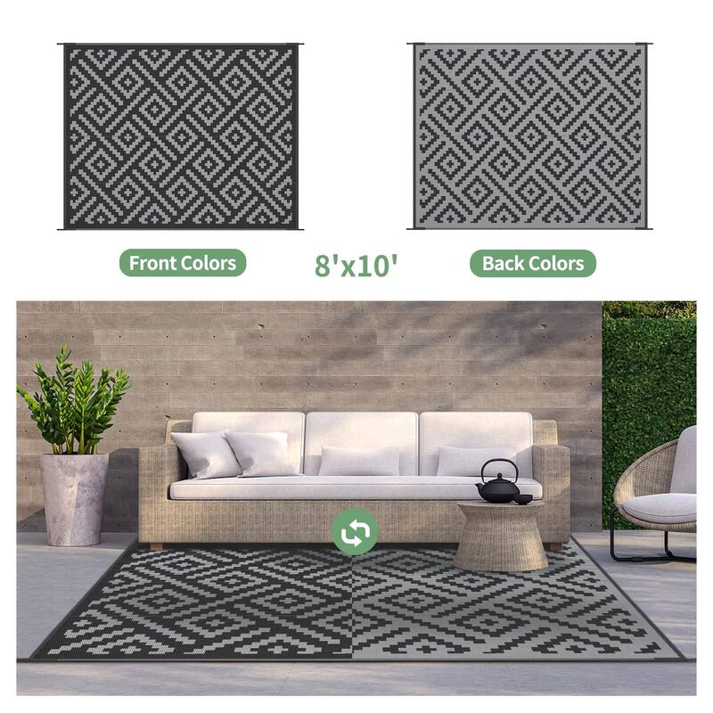 Reversible Charcoal Geometric Flat-Weave Recyclable Outdoor Rug