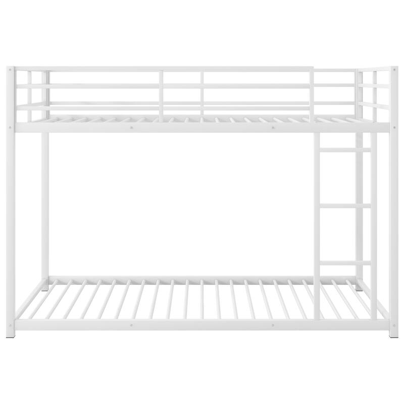 Twin/Full Size Metal Low Bunk Bed, Heavy Duty Steel Bunk Bed Frame with Built In Ladder and Guardrail