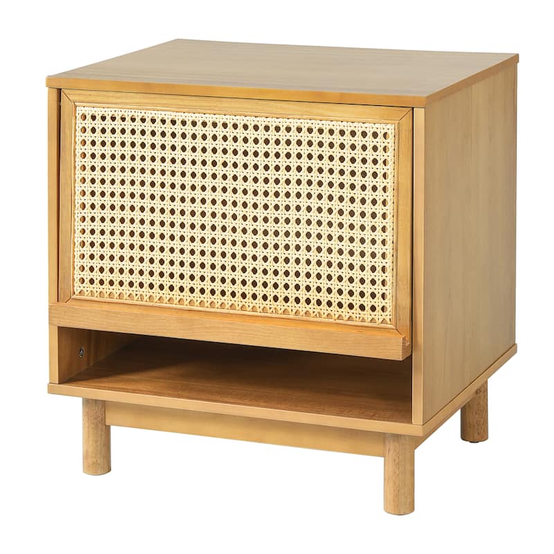 Christopher Knight Home - Farmhouse Wooden Nightstand with Swing-Up Rattan Door Storage Cabinet