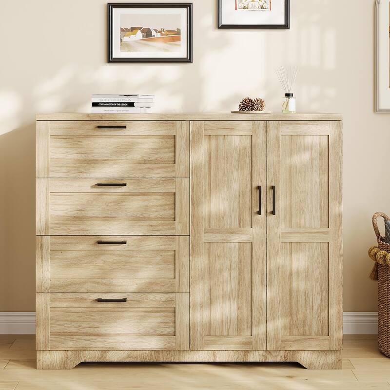 43.3" Armoire Wardrobe Closet with 4 Drawers & 2 Doors, Hanging Rod, Compact Wooden Storage Cabinet for Bedroom