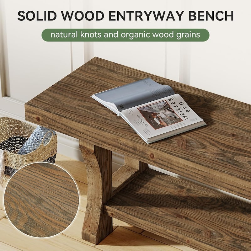 55 Inch Solid Wood Entryway Bench with Shoe Storage, 2-Tier End of Bed Bench Foyer Dining Bench - 55.1" W x 13.8" D x 17.7" H