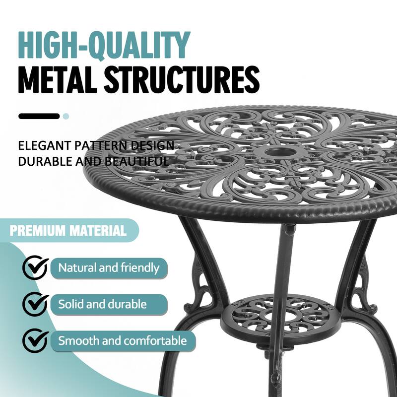 3-Piece Aluminum Outdoor Patio All Weather Butterfly Chairs and Bistro Table with Umbrella Hole