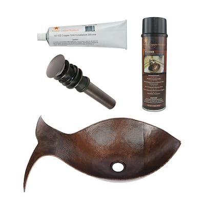 Fish Vessel Hammered Copper Sink, Matching Drain and Accessories