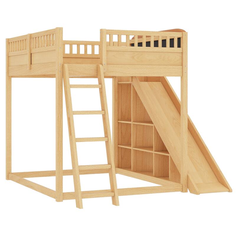 Minimalist Wood Loft Bed Frame with Upholstered Headboard, Storage Open Shelves, Safety Guardrails, Ladder and Slide for Kids